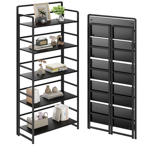 Folding Bookshelf 5 Tiers,No Assembly,Vintage Wood Bookcase Storage,Black | Vintage Wood Collapsible Portable Bookcase,Foldable Storage Rack,Organizer for Living Room, Bedroom, Home Office - color: Black, size: 5-tier
