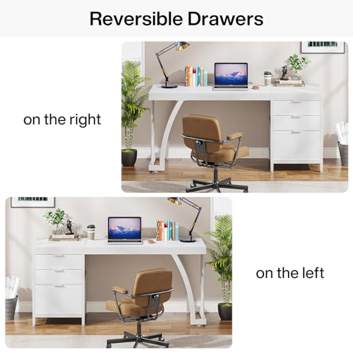 Tribesigns 59 Inch Computer Desk with 3 Drawers, Industrial PC Desk Study Writing Table Workstation with File Storage, Home Office Desks with Large Desktop and Metal Frame, (White) - color: White