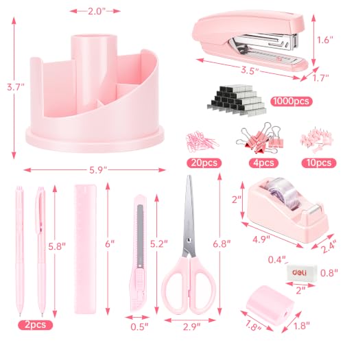 deli Office Supplies Set, Desk Accessory Organizer Kit, Pink - color: Pink