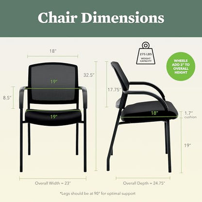 HON Lota Guest Chair with Arms and Wheels, Mesh Office Chairs, Black | Office furniture with arms and wheels for waiting rooms chairs, conference room chair, and banquette seating - color: Black - Mesh Back - Arms and Casters