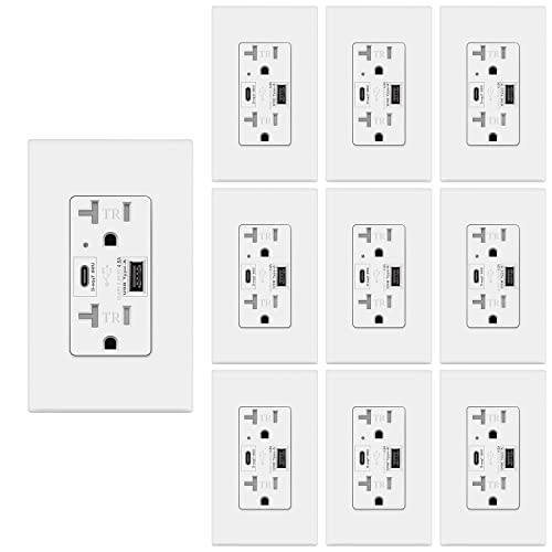 Micmi USB C Outlet PD 24W Power Delivery Type C + A Receptacle 4.8A, Receptacle 20A 125 Volt Tamper-Resistant w/Screwless Wall Plate UL Listed (10Pack, White, 20 Amp Outlet) - color: White, size: 20 Amp Outlet