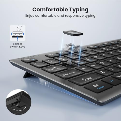 TECKNET 2.4G Rechargeable Ultra-Slim Wireless Keyboard and Mouse Combo | 2.4G Stable Connection, Full-Size Scissor Switch Keyboard with 12 Multimedia Keys, Silent Mouse, Ergonomic Design, Grey - color: Gray