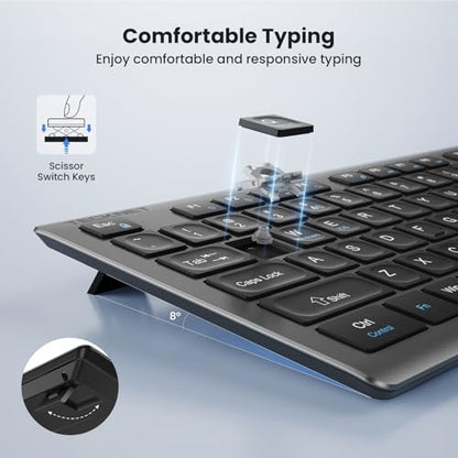 TECKNET 2.4G Rechargeable Ultra-Slim Wireless Keyboard and Mouse Combo | 2.4G Stable Connection, Full-Size Scissor Switch Keyboard with 12 Multimedia Keys, Silent Mouse, Ergonomic Design, Grey - color: Gray