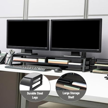 Mind Reader 2-Tier MDF Double Monitor Stand, Dual Screen Riser with Storage Shelf, 33.75 Inch Wide, 88 lb Capacity, Black