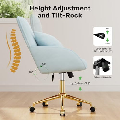 Home Office Desk Chair Comfy with Adjustable Swivel Wheels, Modern Velvet Makeup Vanity Chair with Back & Pillow, Ergonomic Office Chair Computer Task Chair for Living Room, Bedroom, Blue - color: Blue