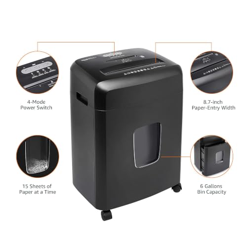 Amazon Basics 15-Sheet Cross Cut Paper Shredder for Home and Office, CD/Credit Card Shredder with 6 Gallon Wastebasket, Black - color: Black, size: 15 Sheet