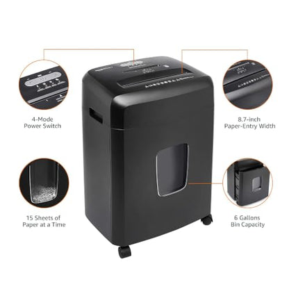 Amazon Basics 15-Sheet Cross Cut Paper Shredder for Home and Office, CD/Credit Card Shredder with 6 Gallon Wastebasket, Black - color: Black, size: 15 Sheet