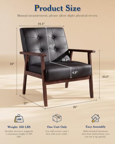 Black Faux Leather Chairs Set of 2 with Solid Wood Frame for Living Room | AODAILIHB Upholstered Lounge Modern Office Couch, with Thick Cushion, Single Sofa for Waiting Room/Dorm/Bedroom/Lobby - size: 2 chair