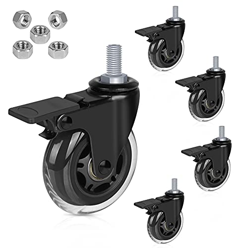 Hirate 3 inch Threaded 3/8"-16UNC Swivel Stem Casters with Brake | Set of 5 Lockable Wheels with Hex Nuts, Heavy Duty Caster Replacement for Office Chairs Home Furniture and Shelves, Carts