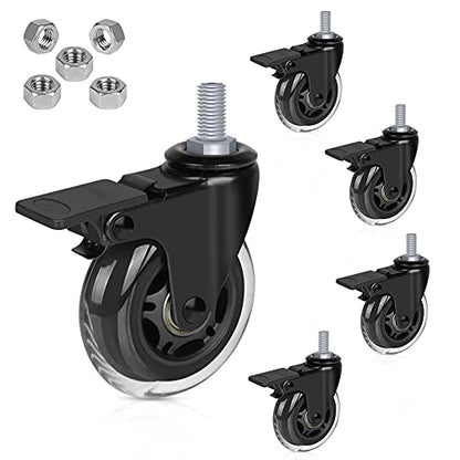 Hirate 3 inch Threaded 3/8"-16UNC Swivel Stem Casters with Brake | Set of 5 Lockable Wheels with Hex Nuts, Heavy Duty Caster Replacement for Office Chairs Home Furniture and Shelves, Carts