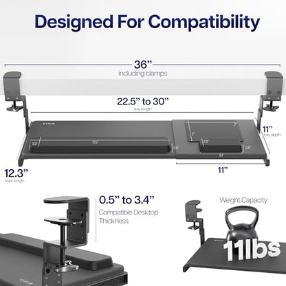 VIVO Black Clamp-on 23” to 30” x 11" Adjustable Keyboard Tray, Mount-KBST1 - color: Black, size: 22.5” to 30” adjustable width