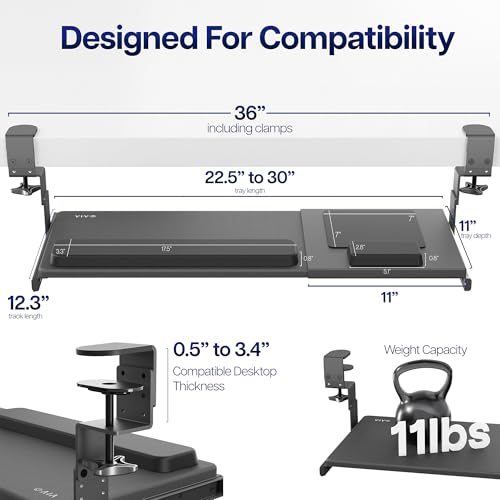 VIVO Black Clamp-on 23” to 30” x 11" Adjustable Keyboard Tray, Mount-KBST1 - color: Black, size: 22.5” to 30” adjustable width