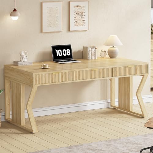 SEDETA 55" Executive Office Desk with 3 Drawers, Home Office Desk with Storage Drawers, Computer Writing Desk Study Table, Natural Oak