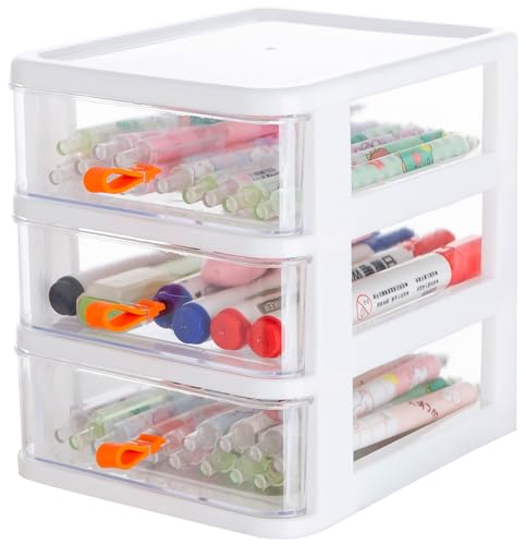 Gagee 3 Drawer Mini Desktop Unit, Clear/White Frame | Plastic Dressers with Drawers, For Arts and Crafts, Small Tools Storage, Sewing Accessories, Stationary and Hardware - size: 3