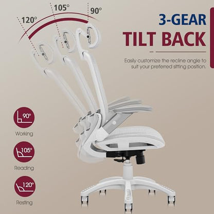 GABRYLLY Ergonomic Office Chair, High Back Home Desk Chair with Headrest, Flip-Up Arms, 90-120° Tilt Lock and Wide Cushion, 300LBS Mesh Chairs for Man Woman, White Task Chair(Grey,GY01WG) - color: White Frame Grey Mesh