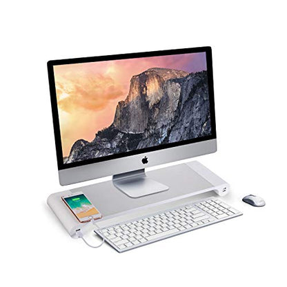 PG Silver Monitor Stand Riser with 4-Port USB Charging ports, Convenient keyboard organiser,Desktop Organizer for Computer, Laptop, TV, Printer - Ergonomic Keyboard Tray & Storage Shelf.