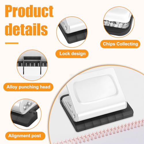 10 Hole Punch Binding Machine for Planners with 10 Multi-Color Binder Rings | 30 Holes on A4, 20 Holes on A5, 26 Holes on B5, 10 Sheet Capacity (White) - color: White