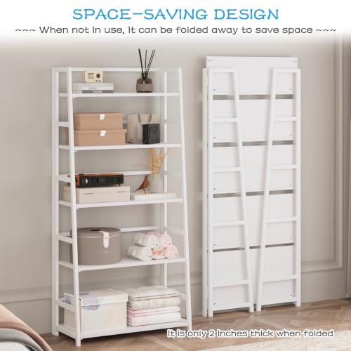 JSB 5 Tier Bookshelf, No Assembly Folding Ladder Bookshelf, 51.6in Tall Foldable Ladder Shelf, Bookcase for Home Office, Living Room,Space-Saving (All White, 5 Tier) - color: All White