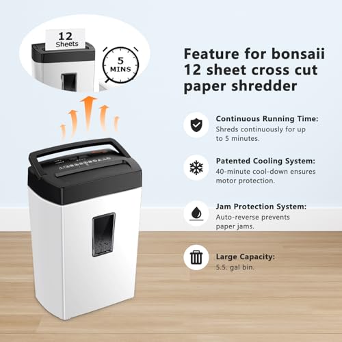 Bonsaii Heavy-Duty Shredder, Up to 12 Sheets, P-4 high Security, Credit Cards, Mail, & Staples, 5.5-Gallon bin with a Transparent Window, Suitable for Heavy-Duty use in Home Offices, White & Black - color: Black and White, size: 12-Sheet | 5 min