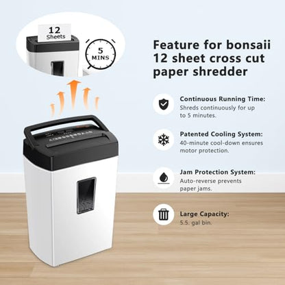 Bonsaii Heavy-Duty Shredder, Up to 12 Sheets, P-4 high Security, Credit Cards, Mail, & Staples, 5.5-Gallon bin with a Transparent Window, Suitable for Heavy-Duty use in Home Offices, White & Black - color: Black and White, size: 12-Sheet | 5 min