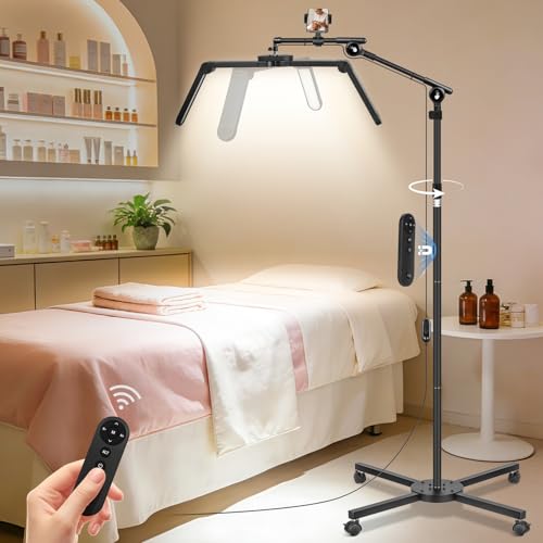 KIRKAS Half Moon Light for Eyelash Extensions Lash Tech Lamp Phone Holder | 4 Wheel Rolling Base, Large LED Floor Lamp 3 Color Modes Stepless Dimming, For Esthetician, Beauty, Tattoo, Artists, Balck - color: Black, size: 35 inches