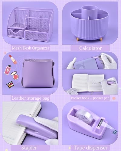 Purple Desk Accessories and Organizers with Desk Organizer and 360°Rotating Pen Holder stapler Pen and a Lot of Office Purple Office Supplies Beautifully Presented in a Gift Box - color: Purple