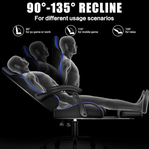 Czlolo Gaming Chair with Footrest Racing Style Lumbar Support Massager Video Game Chair with Metal Legs, High Back Gamer Chair with Headrest, 360° Swivel Office Computer Desk Chair, Navy Blue - color: Navy Blue