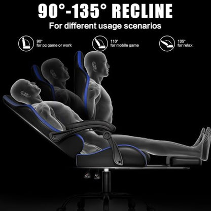 Czlolo Gaming Chair with Footrest Racing Style Lumbar Support Massager Video Game Chair with Metal Legs, High Back Gamer Chair with Headrest, 360° Swivel Office Computer Desk Chair, Navy Blue - color: Navy Blue