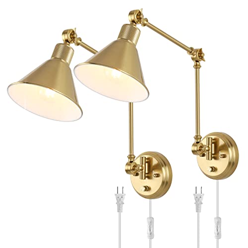 TRLIFE Wall Sconces Plug in, Dimmable Wall Sconces Brushed Brass Swing Arm Wall Lights Plug in Wall Mounted Light Industrial Wall Lights with 6FT Plug in Cord, E26 Base, UL Listed(Two Arms, 2 Pack) - color: Gold, size: 2 Pack- (Switch)