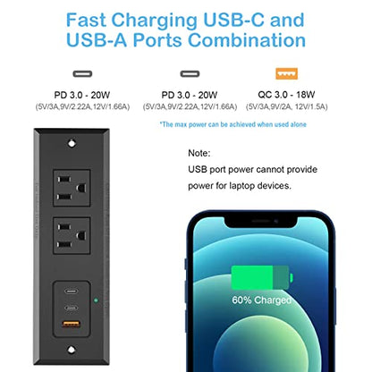 CCCEI Recessed Power Strip with Two USB-C Ports, Fast Charging USB A Port Desk Outlet, Black Furniture Hidden Charging Station for Side Table, End Table, with 6 FT 45 Degree Flat Plug Extension Cord. - size: 6FT, style: 20W USB-C