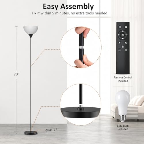 PESRAE Floor Lamp, Remote Control, Stepless Brightness & Color Temperature - color: Matte Black