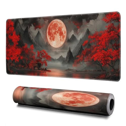 Darkness Red Moon Mouse Pad Abstract Red Mouse Pad 31.5x11.8 Inch Texture Non-Slip Rubber Base Large Mousepad Stitched Edges Keyboard Mouse Mat Desk Pad for Office and Home - color: Darkness Red Moon