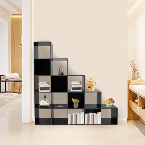 5-Tier Stepped Bookshelf Ladder Cube Storage Cabinet, Black, 15 Cubes - color: Black, size: 15 Cubes