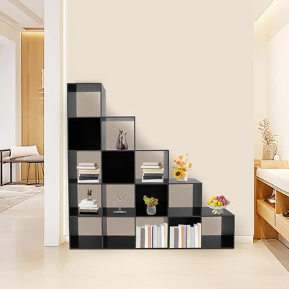 5-Tier Stepped Bookshelf Ladder Cube Storage Cabinet, Black, 15 Cubes - color: Black, size: 15 Cubes
