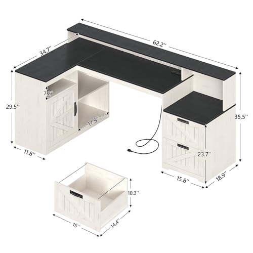 63" Farmhouse L Shaped Desk with Drawers and Printer Stand for Home Office - color: Black and White