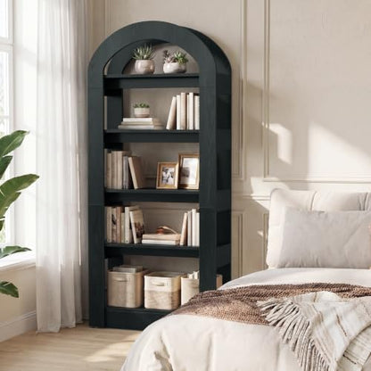 LITTLE TREE 5-Tier Bookshelf, Arch-Shaped Racks, Tall Standing Wooden Bookcase Display Shelf Modern Storage Solution (1, Black) - color: Black, size: 1