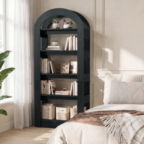 LITTLE TREE 5-Tier Bookshelf, Arch-Shaped Racks, Tall Standing Wooden Bookcase Display Shelf Modern Storage Solution (2, Black) - color: Black, size: 2
