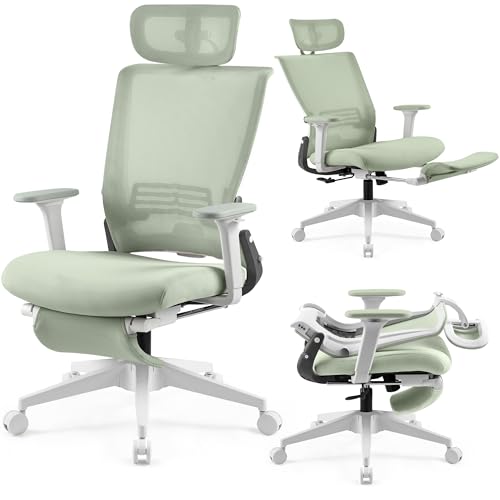 Ergonomic Foldable Office Chair with Footrest and Lumbar Support, Green | Compact desk chair with space-saving folding design, 2D headrest, 2D armrests, computer cahirs for home office - color: Green