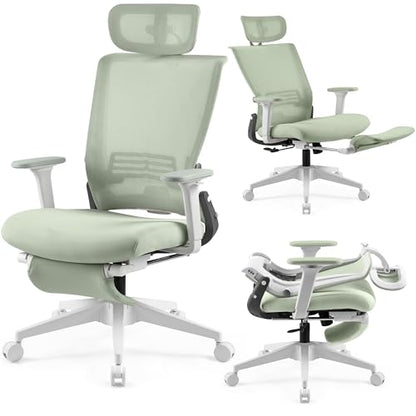 Ergonomic Foldable Office Chair with Footrest and Lumbar Support, Green - color: Green