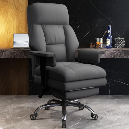 Office Chair with Leg Rest, Leather High Back Executive Office Chair with Wheels, Ergonomic Desk Chairs with Lumbar Support for Home Office - color: All Gray