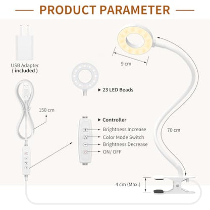 iZELL Reading Light, USB Clamp Lamp for Child Reading Book in Bed at Night, LED Small Desk Lamp with Silicone Adjustable Arm Clip on Beside Table for Studying Working Drafting Sewing - 15.8‘’ White - size: 15.8'' White