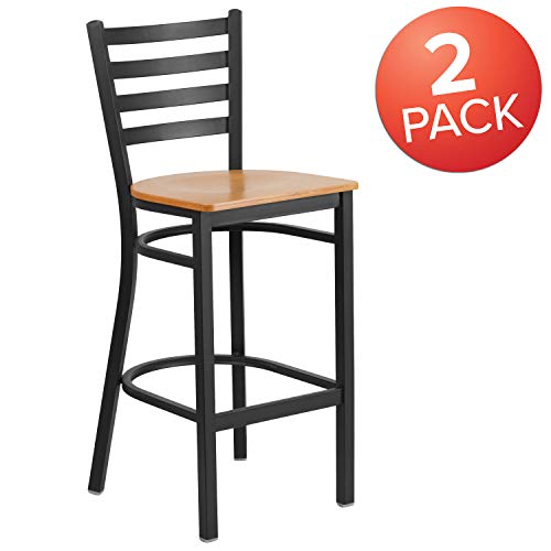 Flash Furniture 2 Pack HERCULES Series Black Ladder Back Metal Restaurant Barstool - Natural Wood Seat - color: Natural Wood Seat/Black Metal Frame, size: Set of 2