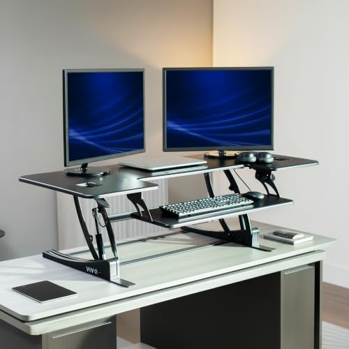 VIVO 54 inch Manual Height Adjustable Large Standing Desk Converter, Quick Sit-Stand Desk Riser, Tabletop Pneumatic Assist Height Adjust 6.5 to 17 inch, Black, DESK-V054V - color: Black, size: 54"