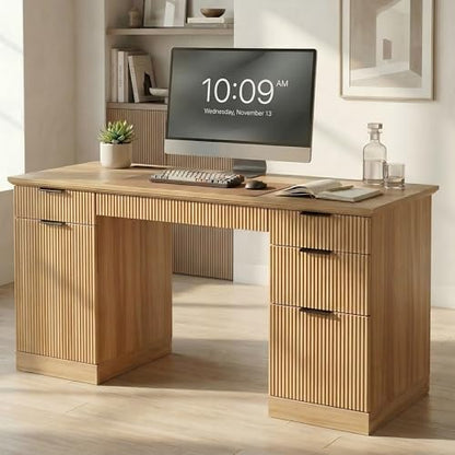 FURSUN 58" Executive Desk with Charging Station & File Drawer, Modern Fluted Home Office Desk with 5 Drawers & Keyboard Tray, Large Computer Writing Desk, Natural Oak - color: Natural Oak, size: Double-Sided Drawers