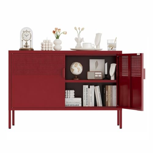 Metal Storage Cabinet,2 Door TV Stand, Metal Mesh Accent Cabinet | Magnetic Door Closure,Low Storage Cabinets with Doors and Shelf for Home,Office,Living Room - color: Red, size: 25"H