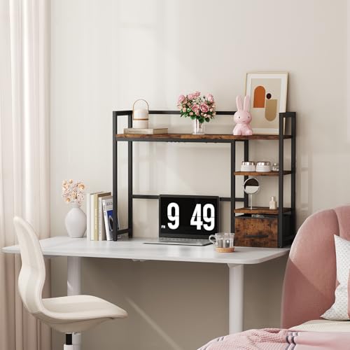Marbrasse Desk Shelf with Drawer, 40" Desk Hutch for Computer Monitor, Wooden Desktop Bookshelf Storage Rack for Home Office Dorm - Dark Brown