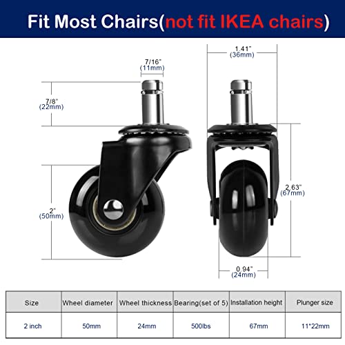 Hirate 2 inch Office Chair Caster Durable PU Wheel Replacement Set of 5 Black - color: Black, size: 2 inch