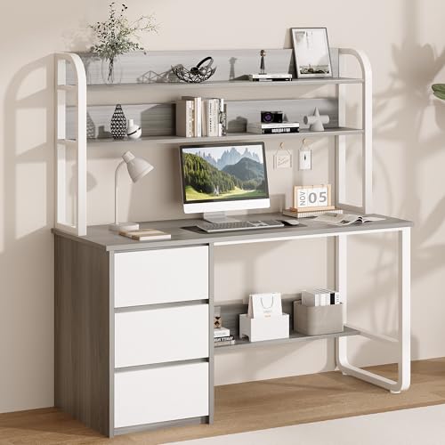 MaverickFurni 55 Inch Computer Desk with Hutch and 3 Drawers, Gray - color: Grey, size: 55"W