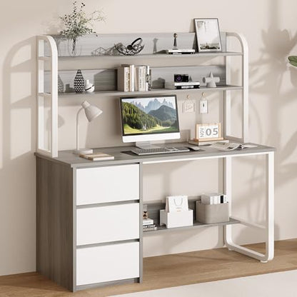 MaverickFurni 55 Inch Computer Desk with Hutch and 3 Drawers, Gray - color: Grey, size: 55"W