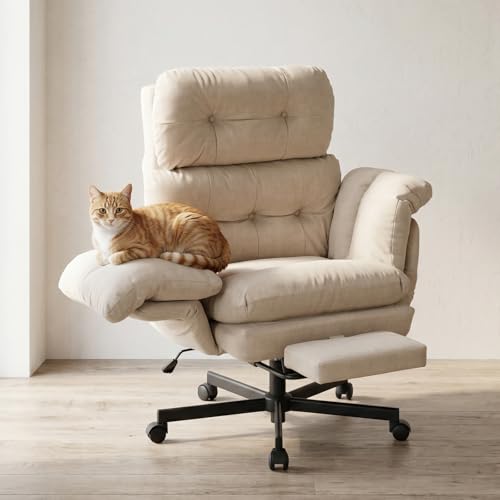 Criss Cross Office Chair with Foot Rest, Big and Tall Office Desk Chair with Flip Armrests for Pets & Cross Legged Sitting, Comfy Executive Ergonomic Reclining Computer Gaming Vanity Chair, White - color: Beige